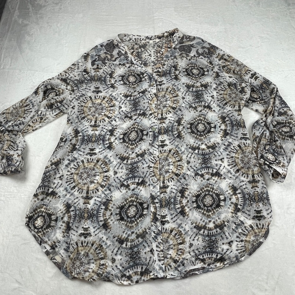 Hope Springs Womens XXL‎ Mixed Print Boho Button Up Blouse Gray Floral Medallion
